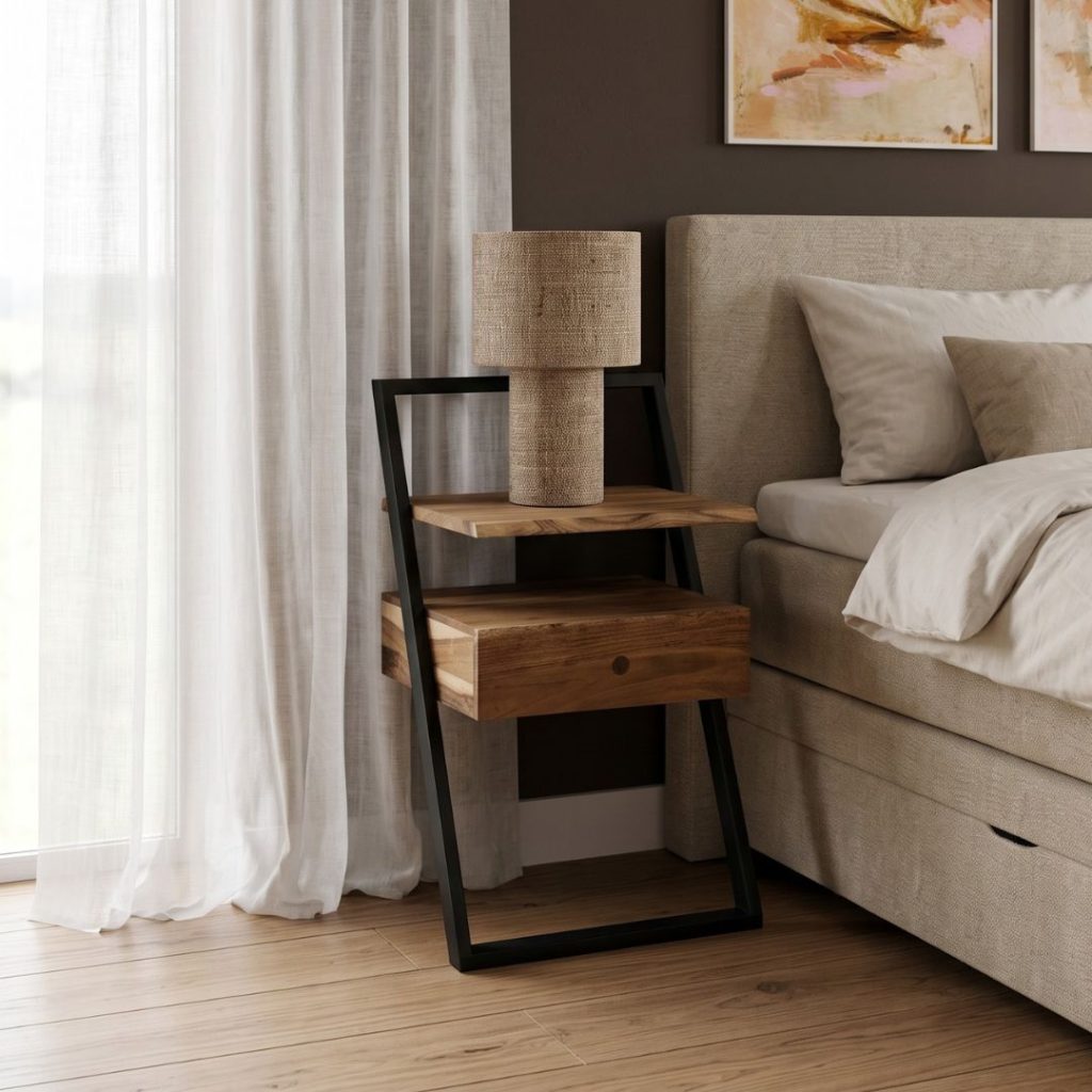 Sfeervolle slaapkamer met Nachtkastje Noortje, uitgevoerd in acaciahout met een zwart metalen frame voor een stoere uitstraling.