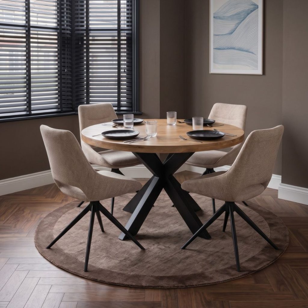 Ronde mangohouten eettafel van HUUS in een modern interieur