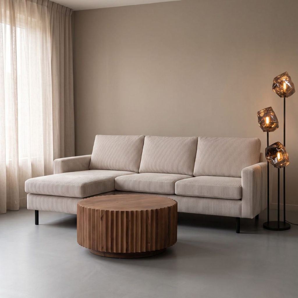 Beige ribstof hoekbank Steije in een modern interieur met warme uitstraling