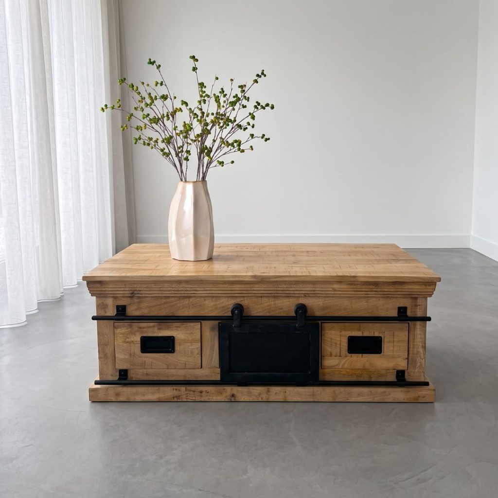 Salontafel Lotte, gemaakt van mangohout en zwart metaal perfect voor ieder industrieel interieur