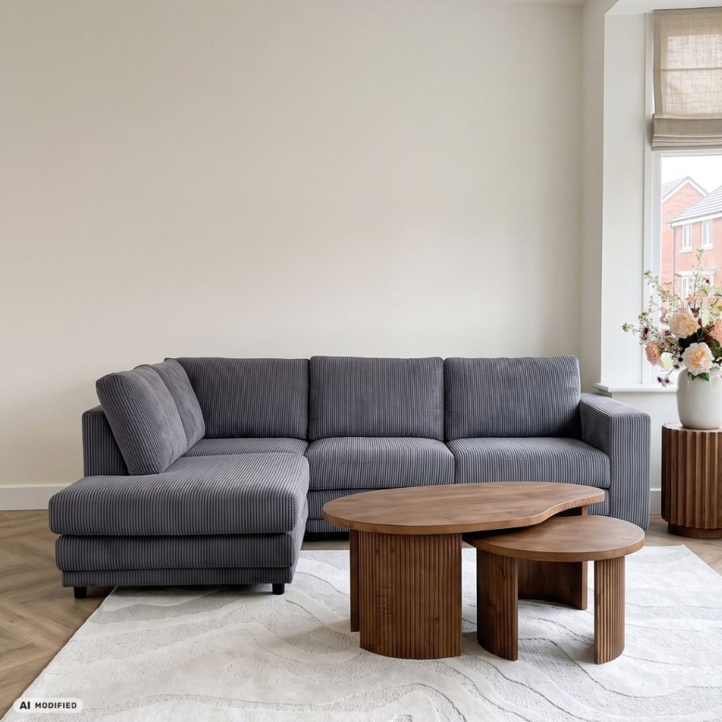 Grijze hoekbank Girona in een rustig modern interieur met warme woonaccessoires