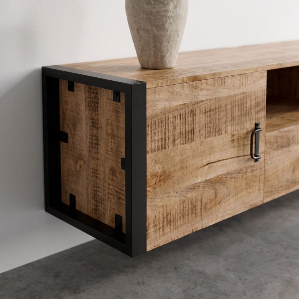Detailfoto tv-meubel britt zwevend gemaakt van massief mangohout.