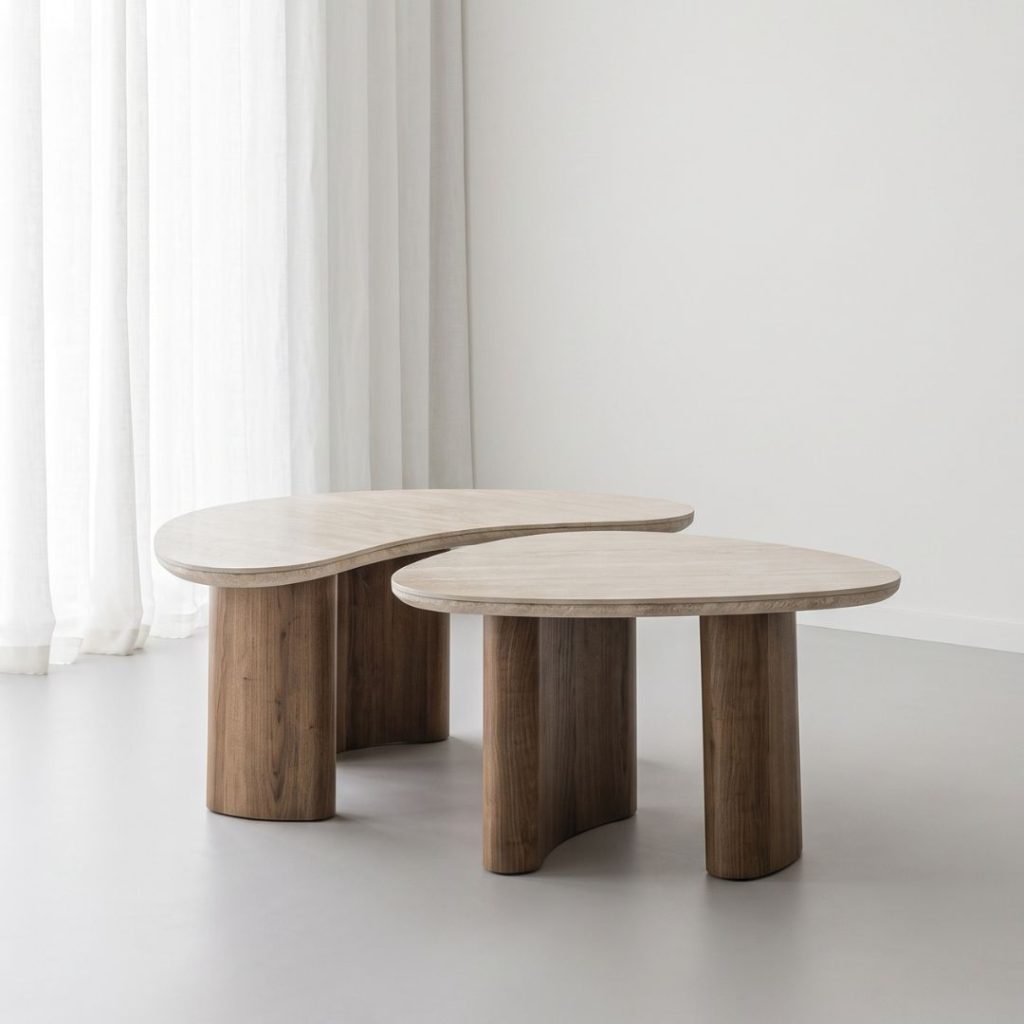 Trendy salontafelset Silvy gemaakt van travertin met warm hout.