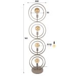 Vloerlamp met metalen ringen tegen een witte achtergrond met aangegeven afmetingen.