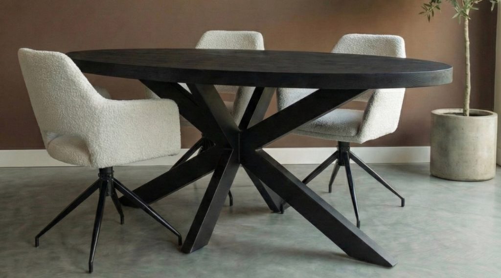 Tafelserie Apeldoorn van HUUS, zwart mangohout met een zwart metalen poot.