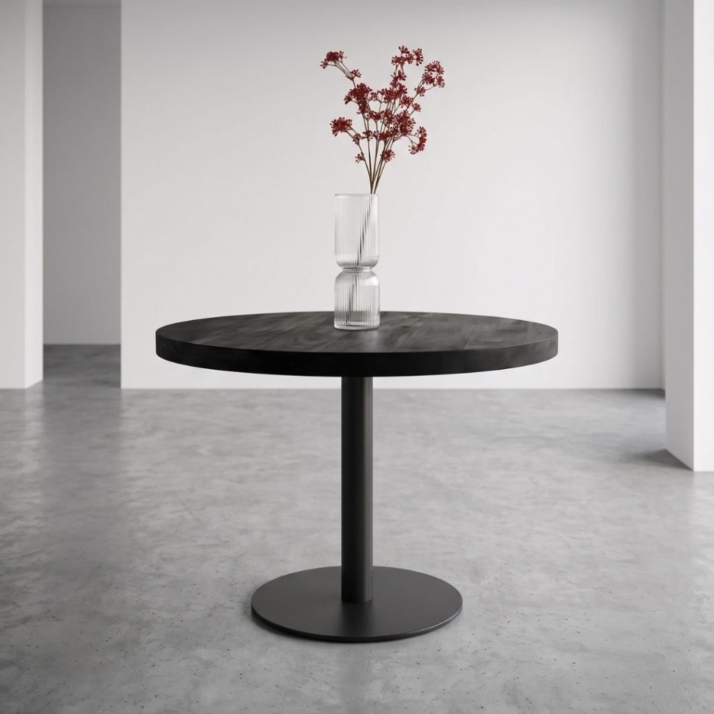 Eettafel Sevilla gemaakt van zwart mangohout en zwart metaal, perfect voor in ieder industrieel interieur.