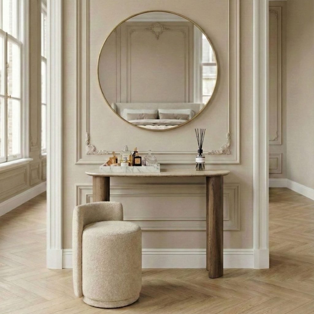 Sidetable Silvy gebruikt als kaptafel in de slaapkamer.
