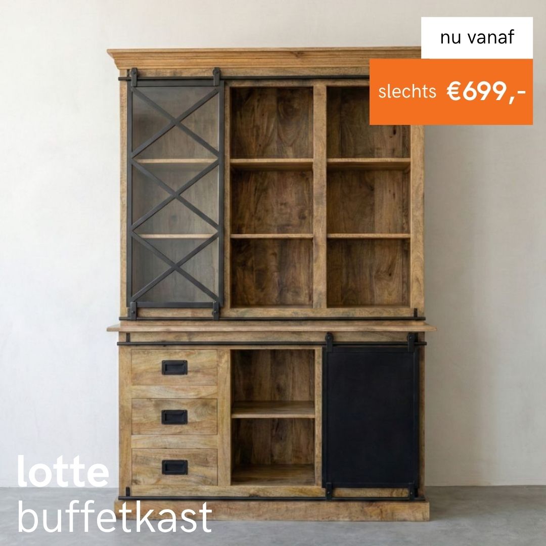 Bestelde deze buffetkast gemaakt van mangohout bij HUUS voor de goedkoopste prijs.