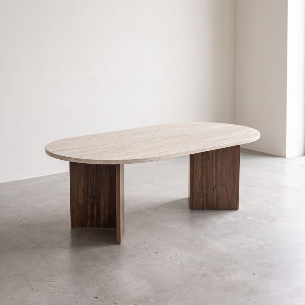 Salontafel met espresso melamine onderstel en travertinlook tafelblad