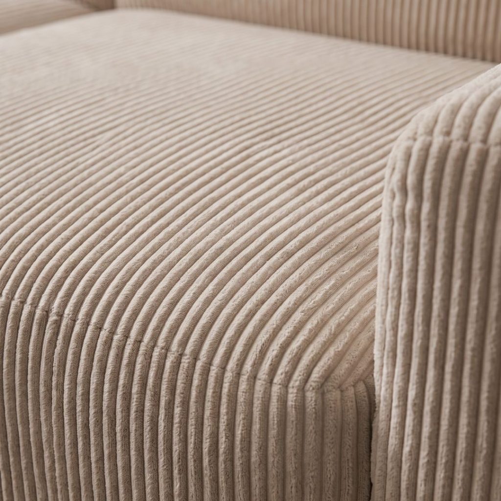 Close-up van de brede beige ribstof met comfortabele afwerking