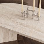 Detail van het travertinlook melamine tafelblad met verfijnde steenstructuur