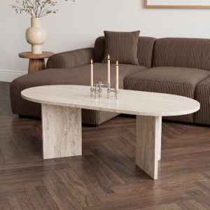 Salontafel Shiro met travertinlook als blikvanger in een modern interieur