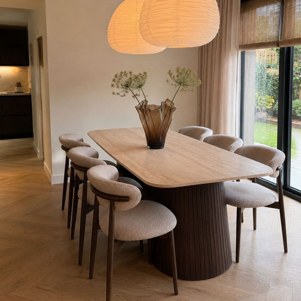 Eettafel en eetkamerstoelen japandi van HUUS bij een klant thuis.