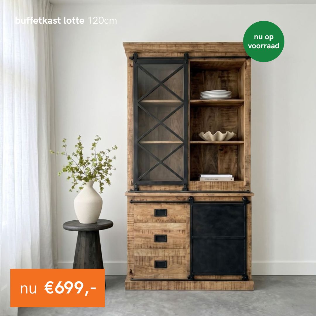 Shop nu buffetkast Lotte van mangohout in 120cm nu uit voorraad leverbaar.