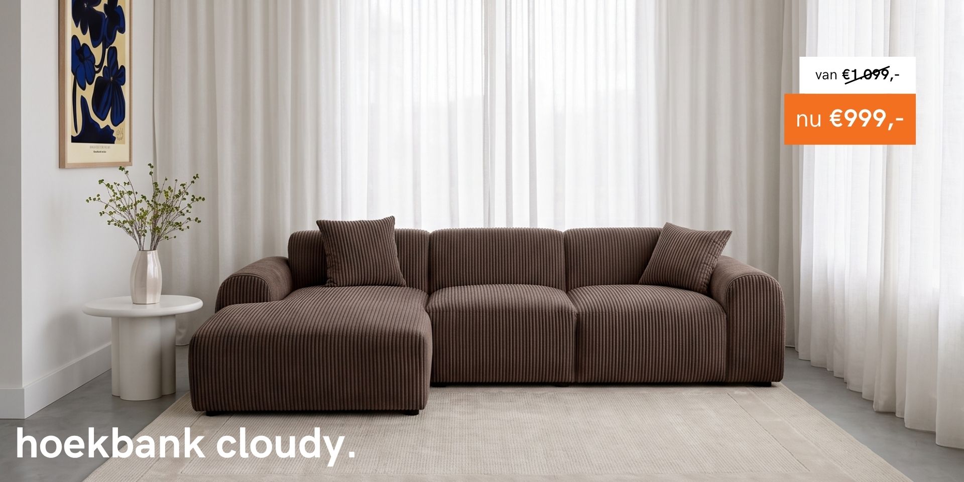 Bruine rib bank van HUUS nu in de aanbieding en perfect voor ieder trendy interieur.
