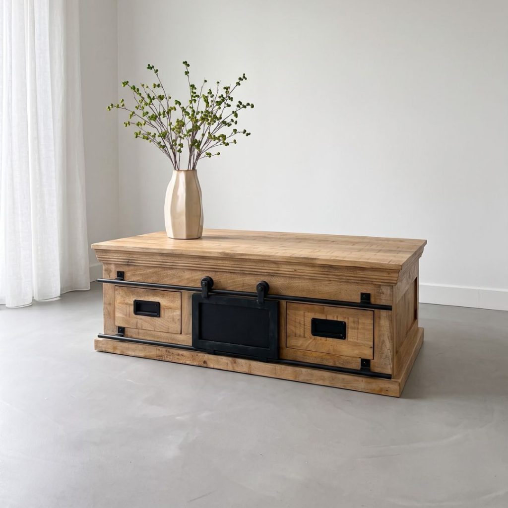 Salontafel Lotte, gemaakt van mangohout en zwart metaal perfect voor ieder industrieel interieur