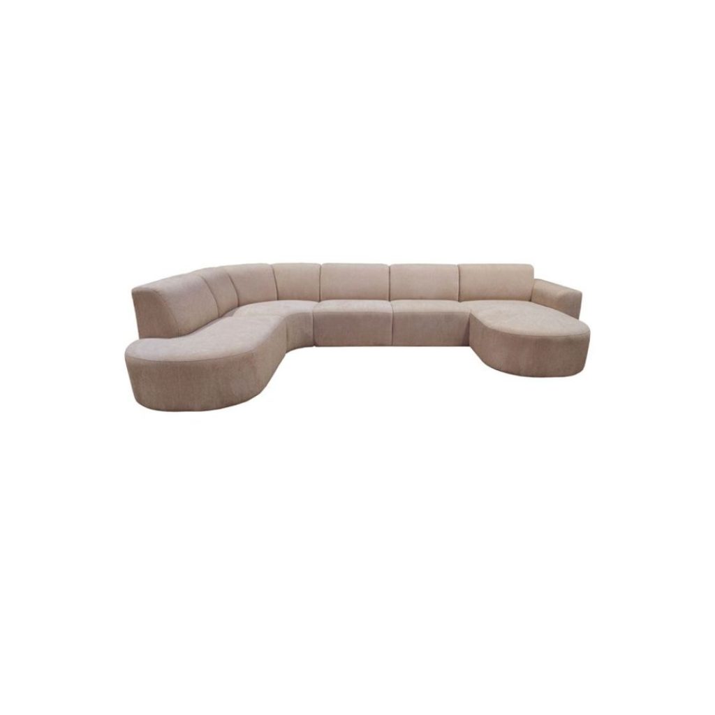 U-bank Evito Clay Elite hoek links – Organische hoekbank Evito in clay Elite stof met een luxe uitstraling en de hoek links.