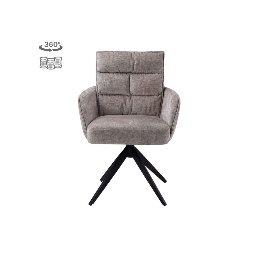 Armstoel Rosora van Tower Living in beige, recht van voren gefotografeerd met armleuningen en zwarte metalen poten.