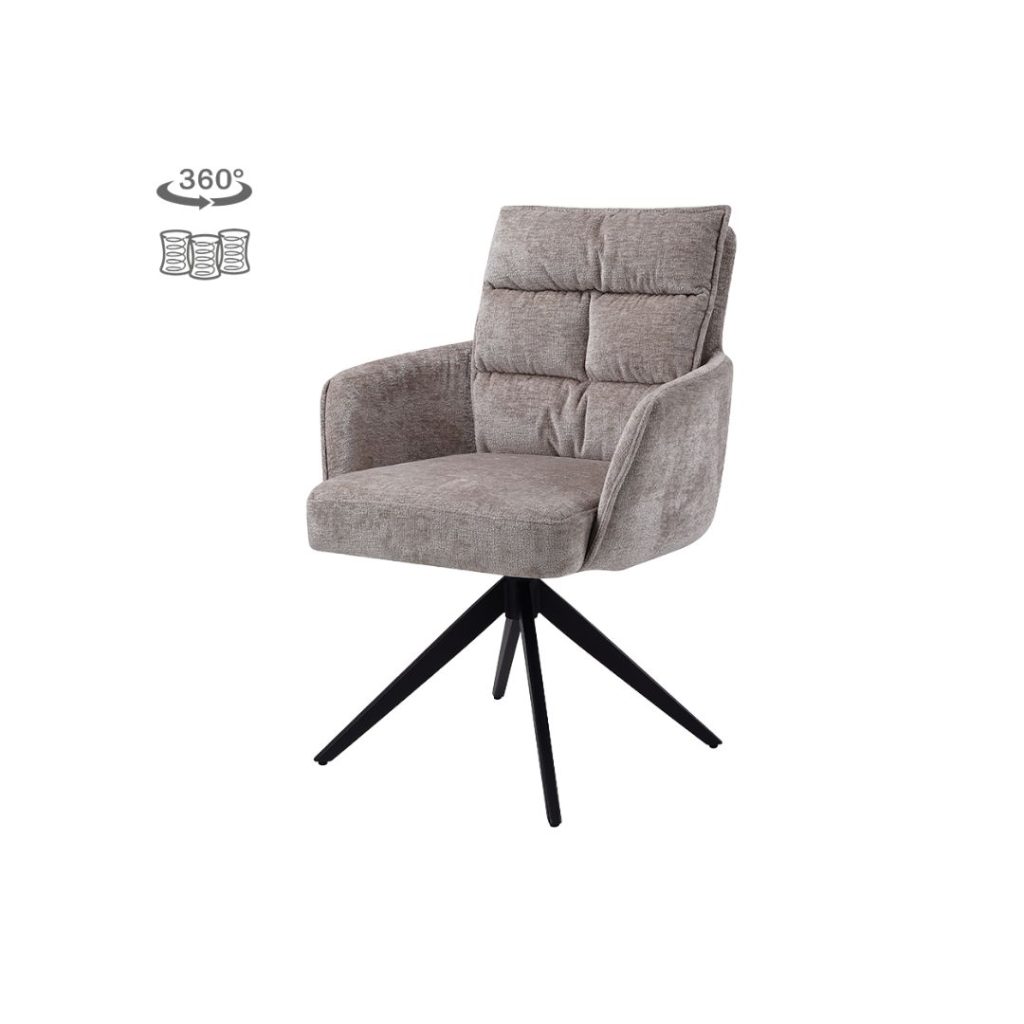 Armstoel Rosora van Tower Living in beige, recht van voren gefotografeerd met armleuningen en zwarte metalen poten.