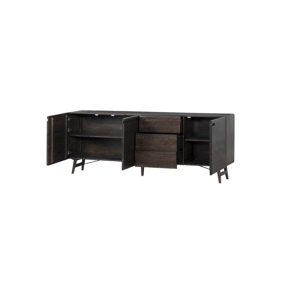 Dressoir Aura Tower Living in espresso, 210 cm breed, met geopende deurtjes.