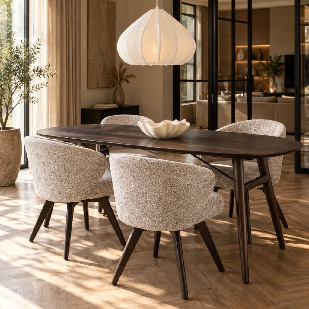 Eetkamertafel Aura Deens Ovaal van massief acaciahout in een sfeervolle eetkamer met bijpassende eetkamerstoelen