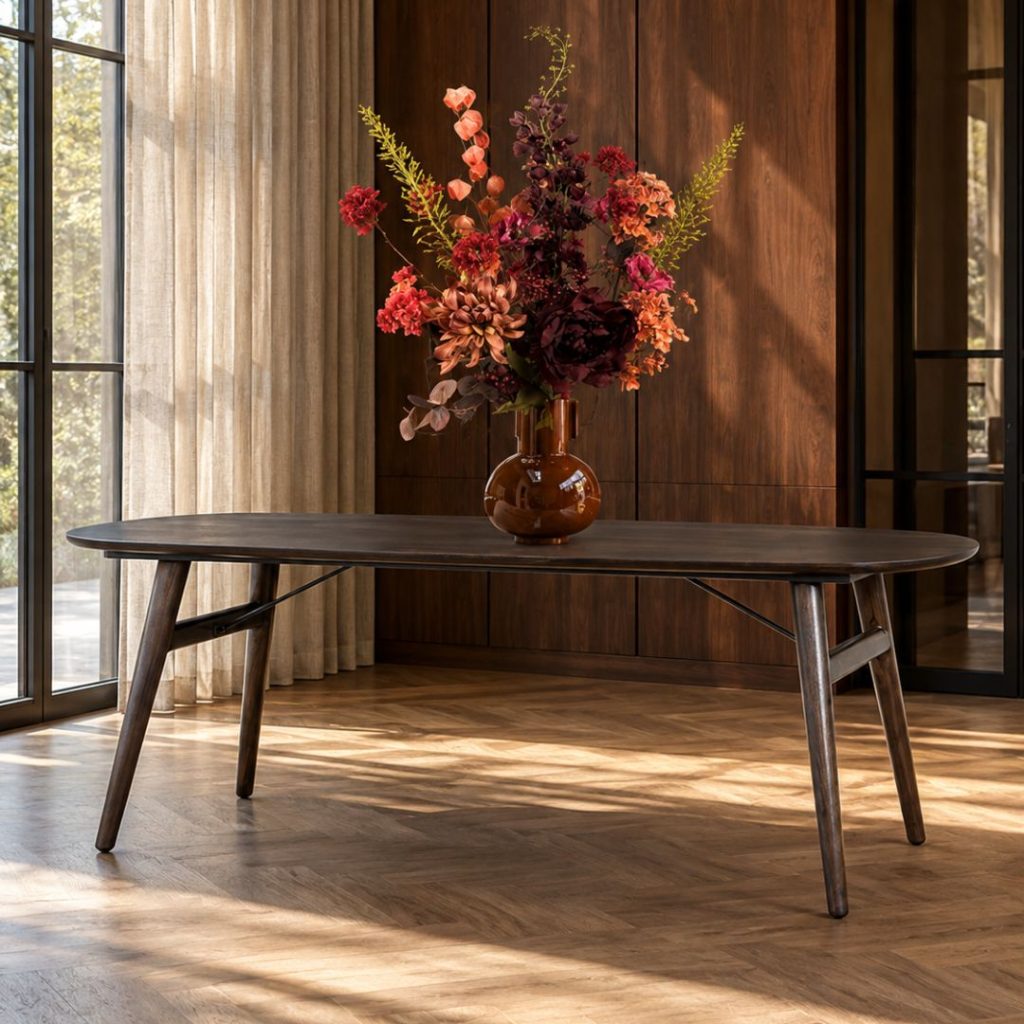 Deens ovale eettafel Aura van massief acaciahout met een tijdloos ontwerp en natuurlijke uitstraling.