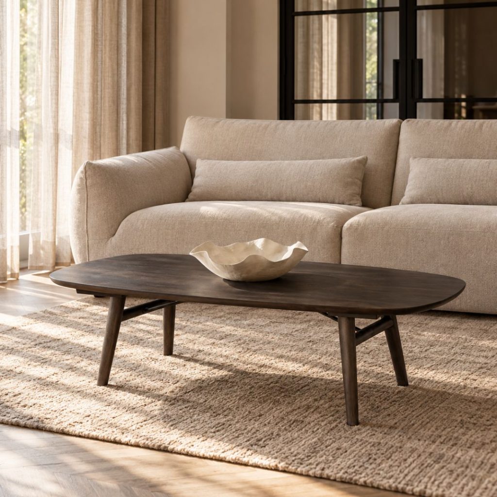 Salontafel Aura van acaciahout met een Deens ovaal tafelblad in een sfeervol hotel chique interieur.