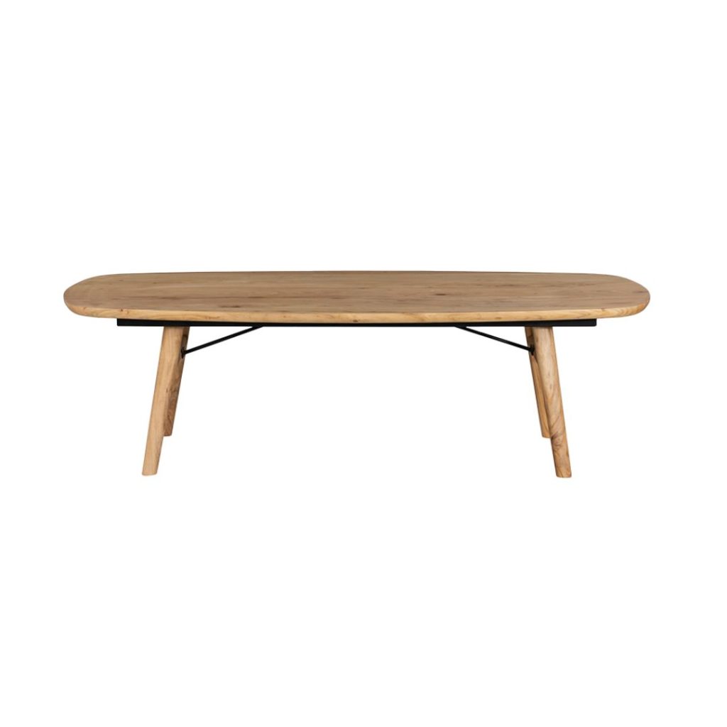 Schuin aanzicht van salontafel Aura in espresso, gemaakt van naturel met een Deens ovaal tafelblad.