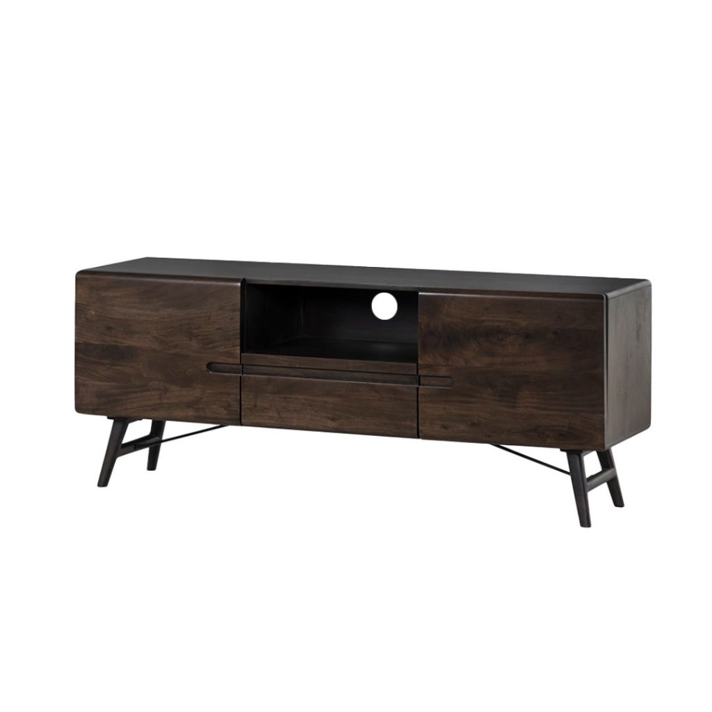 TV-meubel Aura van acaciahout in espresso, 150 cm breed, met een trendy hotel chique uitstraling.