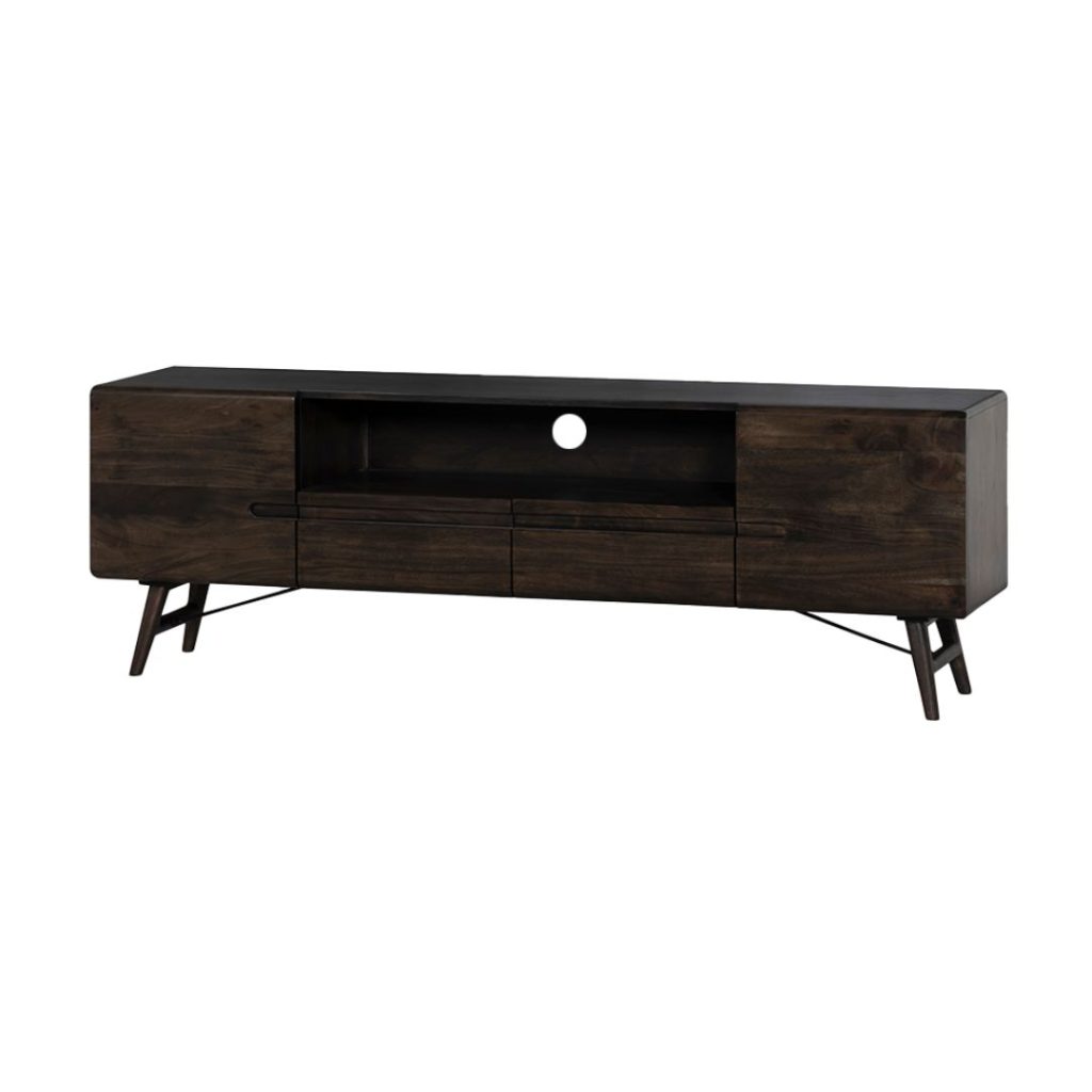 TV-meubel Aura van acaciahout in espresso, 180 cm breed, passend in een stijlvol interieur.