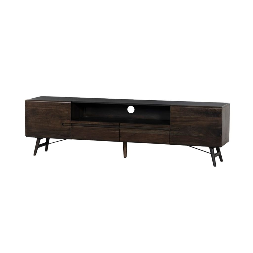 TV-meubel Aura van acaciahout in espresso, 210 cm breed, ideaal voor een ruime woonkamer.