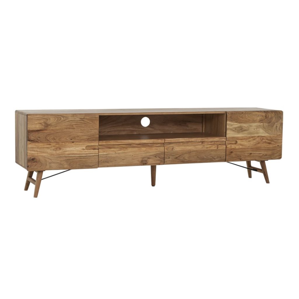 TV-meubel Aura van acaciahout in naturel, 210 cm breed, ideaal voor een ruime woonkamer.